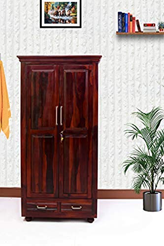 Image of Sheesham Wood Wardrobe with 2 Door and 2 Drawers Storage for Clothes Solid Wood Almari for Living Room Bedroom Home Wooden Furniture