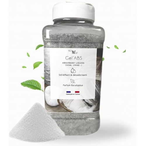 Poudre absorbante vomi, urine, eau - Gélifiant solidifiant et désodorisant - Parfum Eucalyptus - Idéal pour absorber l'urine de chat et chien - Bouteille épandeuse 1L - Gel'Abs