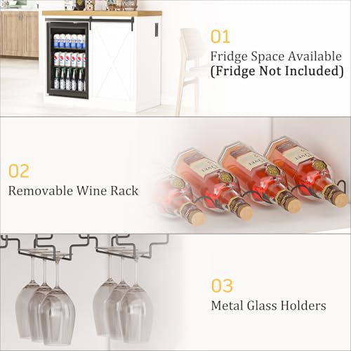 Image of 49.2 inch Coffee Bar Cabinet with Mini Fridge Space, Farmhouse Wine Bar Cabinet with Barn Doors, Fridge Cabinet with Power Outlet, Wine Rack, Glass Holder for Kitchen Dining Room Living Room (White)