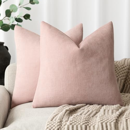 Image of Foindtower Pack of 2 Soft Textured Chenille Throw Decorative Pillow Covers Square Accent Solid Cushion Cover Neutral Farmhouse Pillow Case for Couch Sofa Bedroom Living Room 18x18 Inch,Light Pink