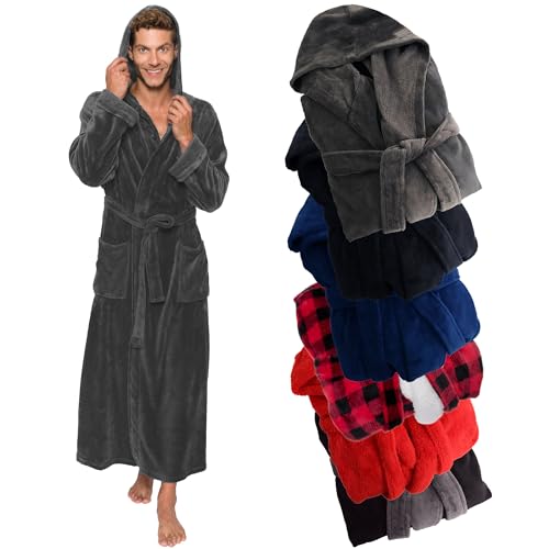 Ross Michaels Mens Robe Hooded Plush Big and Tall - Long Fleece Spa Bath Robe with Hood and Pockets - Gift for Men and Teens