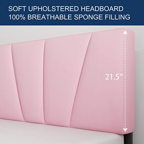 Molblly Queen Bed Frame Upholstered Flannel Platform, Headboard and Sturdy Wood Strip, Strong Weight Capability, Non-Slip and Noise Free, No Box Spring Required, Easy to Assemble, Pink