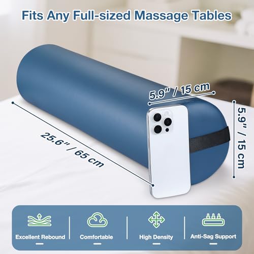 Image of Noverlife Full Round Bolster Pillow, 6 inch x 26 inch Massage Bolsters for Under Legs /Neck /Back Pain Relief, Knee Bolster with Strap Handle, Physical Therapy Bolsters for Massage Table Bed Yoga Pillow, Blue