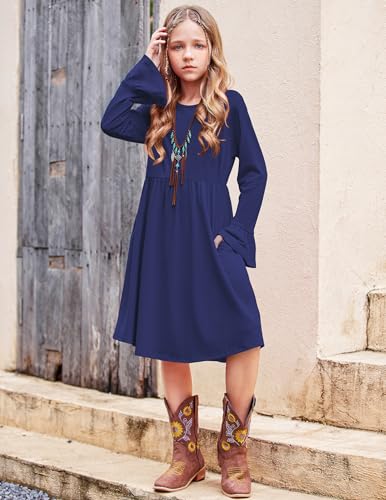 Arshiner Girls Long Sleeve Floral Pleated Swing Dress Kids Casual Dresses with Pockets for 4-13 Years3