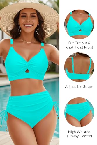 Image of Yonique Women High Waisted 2 Piece Bikini Set Tummy Control Full Coverage | Removable cups, smoothing gathered midsection, figure-flattering front ruching, and a stylish V-neck wrap top