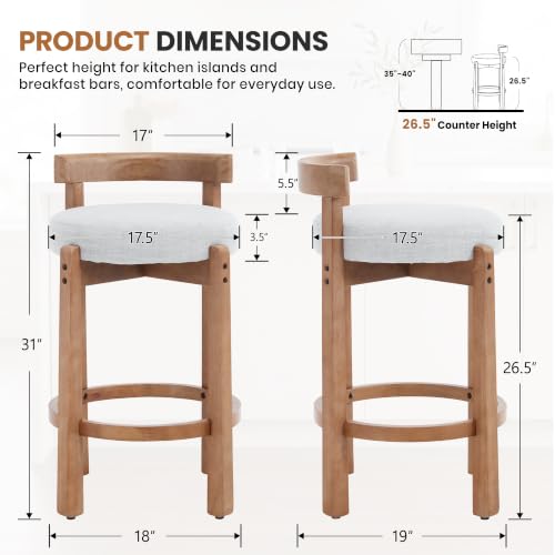 Image of LukeAlon Mid Century Linen Counter Stools Set of 4, Upholstered 26.5 inch Seat Height Low Barstools with Natural Wood Legs Round Low Back Kitchen Stool with Footrest for Dining Room Pub Island, Light Grey