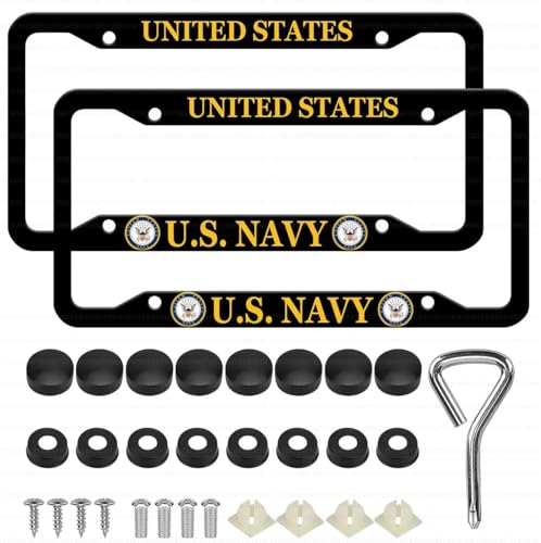 Image of 2PCS License Plate Frames for U.S.Navy,Car License Plate Bracket Holder, Premium Aluminum Alloy Weather Proof License Plate Covers with Screw Caps Cover Set Car Accessories