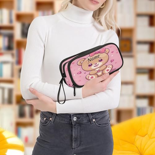 Image of Custom Cute Bear Pencil Case Box Boys Girls Personalized Name Large Pencil Pouch Stationery Pen Bag Organizer for Kids Adults School Office