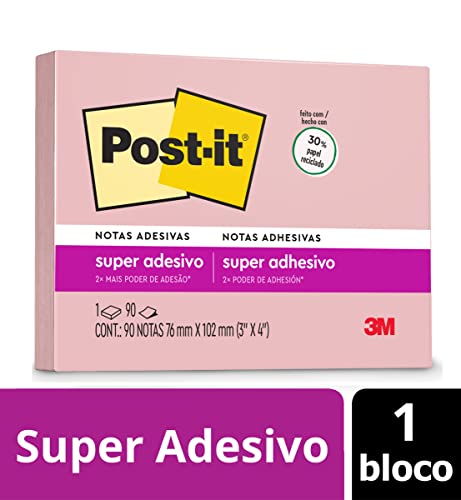 Post-it, 3M, Bloco de Notas Super Adesivas, Rosa Positivo, 76mm x 102mm, 90 folhas