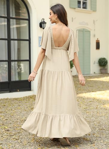 Image of Kikibell Women Summer Dresses Sexy V-Neck Maxi Dress Tiered Silhouette with Flutter Sleeve Backless Elastic Waist Flowy Dress
