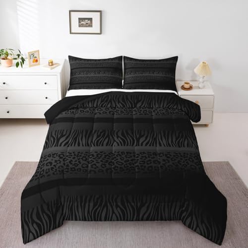 Image of Feelyou Boys Girls Black Gray Leopard Print Comforter Set King Size, Zebra Stripes Bedding Set Kids Animal Skin Duvet Insert Teens Bedroom Decor with 2 Pillow Case
