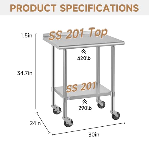 Image of ROCKPOINT All Stainless Steel Prep Table with Caster & Backsplash 24x30 Inch，Commercial Heavy Duty Workbench with Stainless Legs & Adjustable Undershelf,710 lb Capacity for Outdoor Kitchens with Wheel