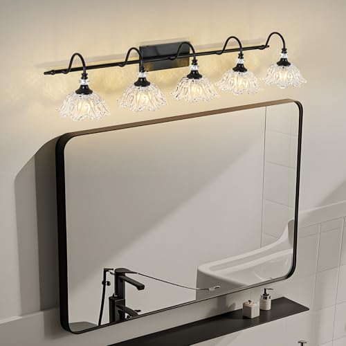 Image of Black Bathroom Vanity Light, 5-Light Vanity Light with Crystal Glass Shades, Vintage Farmhouse Vanity Lighting for Bathroom and Dressing Table