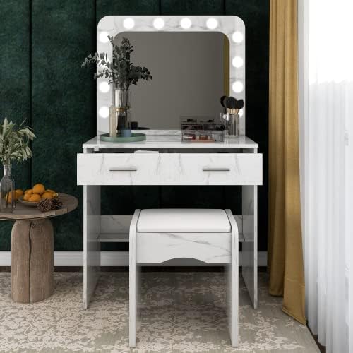 NeuType Makeup Vanity with Lights, Vanity Desk with Mirror and Lights, Vanity Mirror with Lights and Table Set, White Vanity Desk 2 Drawers Vanity Set with 12 Light Bulbs, Marble Pattern