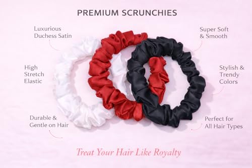 Image of Satin Scrunchies Hair Bands for Women | No-Damage Elastic Hair Ties for Ponytails & Buns | Fluffy & Stylish Rubber Bands | Free Size | Pack of 3 (Set of White, Maroon Red, Black Color)