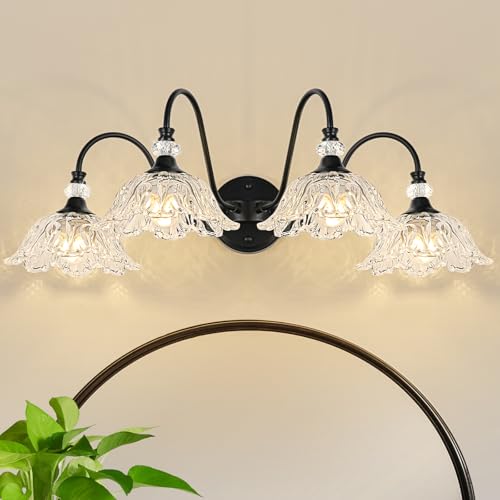 Image of 4-Light Matte Black Bathroom Vanity Light, Farmhouse Vanity Light with Floral Clear Glass Shades, Vintage Wall Mount Lighting for Bathroom