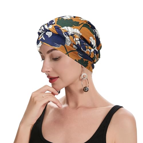 ZLYC Chemo Headwear for Women Pre Tied Turban Headwear Lightweight Beanie Hat, Flowers Yellow, One Size