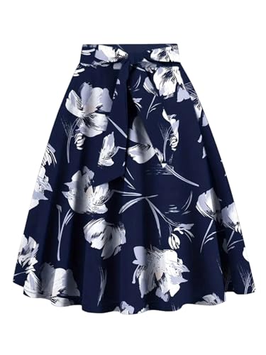 MakeMeChic Women's Floral Skirts A Line Belted Ruffle Hem Knee Length Summer Boho Skirt