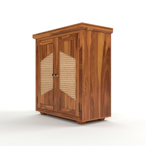 Image of Solid Sheesham Wood Sideboard Cabinet for Living Room | Wooden Storage Cabinet with 2 Designer Cane Doors & Shelf | Modern Geometric Rattan Sideboard for Home (Honey Finish)