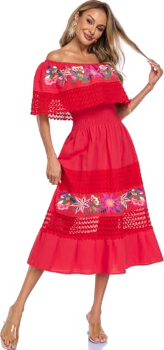 Image of YZXDORWJ Women Embroidered Mexican Peasant Casual Sexy Lace Off-Shoulder Long Dress