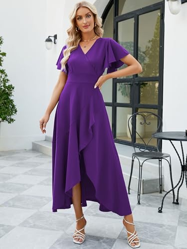 Image of Long Black Formal Dresses for Women Gowns Evening Party Cocktail Dress,Split Elegant V Neck Wrap Ruffle Wedding Guest Dresses