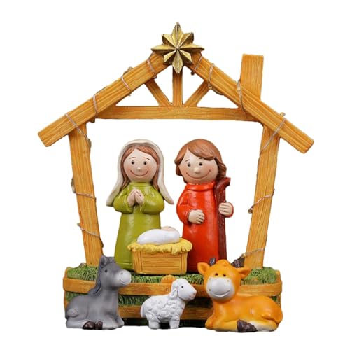 Weppduk Figura de Navidad iluminada – Adorno religioso de mesa de resina | Figuras de belén de Navidad | Escenas de mesa de dibujos animados, figuras de la Sagrada Familia pintada a mano para el hogar