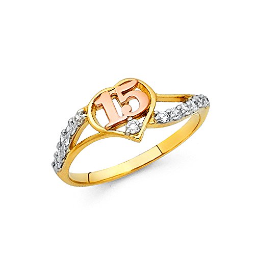 14k Two Tone Gold SOLID Sweet 15 Years Birthday CZ Heart Quinceanera Ring