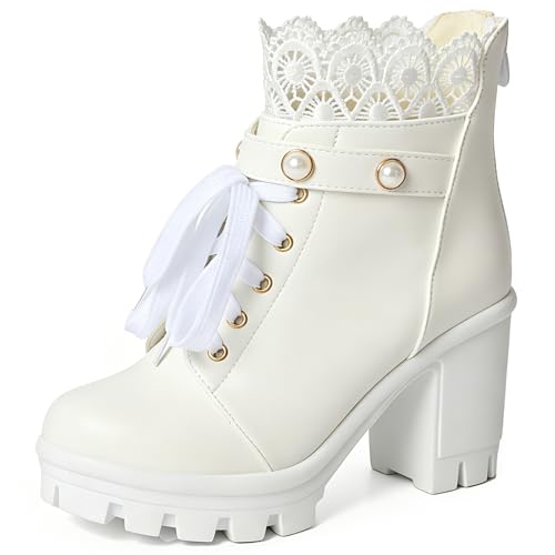 FOREADA Botas de plataforma para mujer, botas gruesas góticas, botines góticos con cuentas de encaje, zapatos de vestir Lolita con cremallera, Blanco grueso, 34 EU