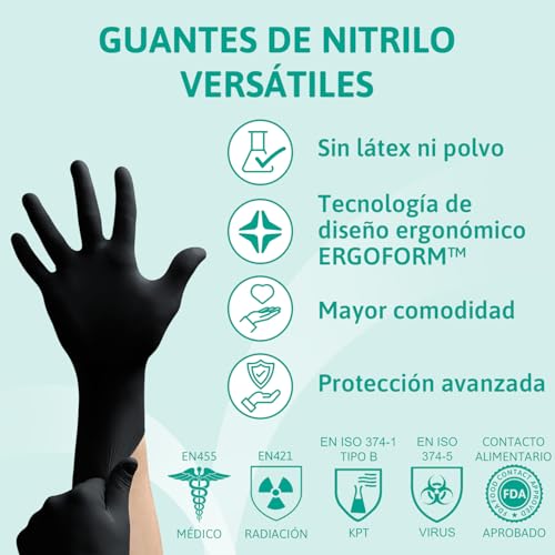Ansell Guantes de Protección Nitrilo Desechables, Multiuso, Alimentos, Cocina, Limpieza, Mecánico, Sin Polvo, Negro, Talla XS (100 Guantes) - imagen 2