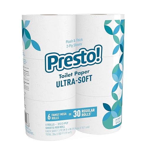 Image of Amazon Brand - Presto! 2-Ply Ultra-Soft Toilet Paper, 6 Family Mega Rolls = 30 regular rolls, 1878 Count (6 roll of 313 sheets), Unscented, White