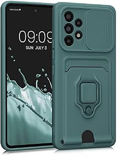 kwmobile Plastic Case Compatible with Samsung Galaxy A53 5G - Case with Metal Stand Card Slot Finger Holder - Moss Green