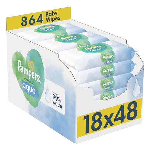 Pampers Harmonie Aqua Baby Wipes Plastic Free 18 Packs of 48 Wipes, 864 Baby Wet Wipes, Help Restore Natural Skin pH, Delicate Lotion with 99 Percent Water
