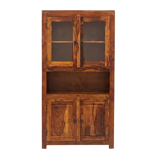 Image of SONA Art & Crafts Wood Crockery Cabinet with Glass Door | Wooden Book Shelf Cabinet with Storage Rack for Home & Office Living Room (Natural Brown)