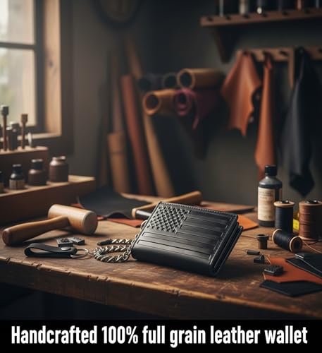 Image of F&L CLASSIC RFID Blocking Men's Tri-fold Vintage Biker Cowhide Leather Steel Chain Wallet,Snap closure, black, flag,315-200