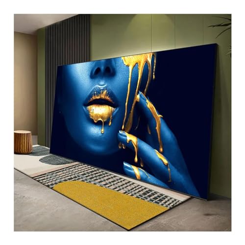 Peinture murale de femme noire à lèvres d'or, grand tableau moderne de salon avec cadre interne