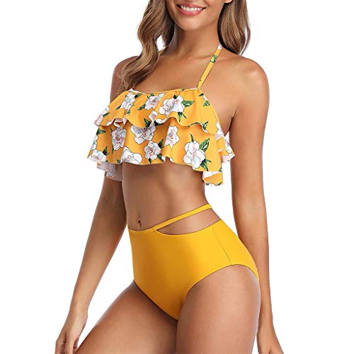 Tanquíni feminino com estampa floral de duas peças, tanquíni com babados de cintura alta e gola para