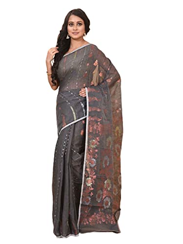 Sari Jamdani en coton indien gris tissé de fils de cuivre et argent de 5,5 mètres