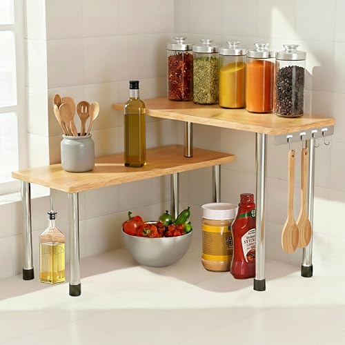 Image of ABJA Premium Kitchen Counter Top Organizer, Shelf Rack for Kitchen Storage, Wooden Corner Shelf, 2 Tier Spice, Oil Stand, Tabletop Adjustable Rack (Golden Brown, 2 Tier)
