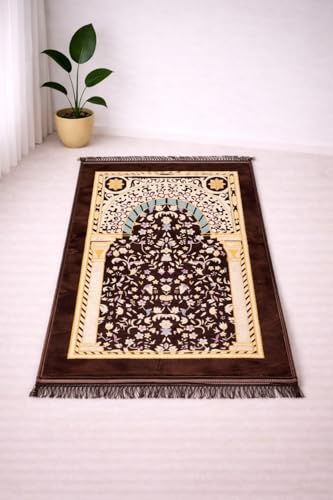 Image of Janamaz Prayer Mat Turkey Soft Velvet | Namaz Mat, Janimaz Namaz Aasan, Islamic Prayer Rug for Salah | 70x110 CM (Printed Brown2)