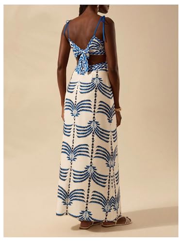 Image of SOLY HUX Women's Summer Maxi Dress Boho Print Tie Shoulder Spaghetti Strap Cut Out Tie Back Cami Dresses Sundress