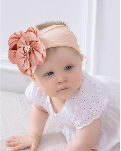 Baby Girl Nylon Flower Headbands, 5 Pack Soft Elastic Hair Bows, Assorted Colors (Samlon Pink, Standard Small)2