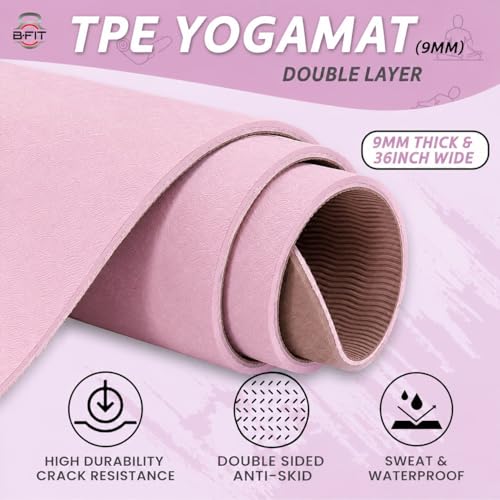 Image of B Fit Extra Wide 36x72 Inchs 9 MM Thick Original TPE Yoga Mat - Free Yoga Bag and Strap Included - With Alignment System, Non-slip, Eco-friendly, sweat-resistant (Peach-Tan)