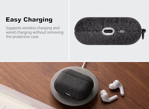 Image of Haobobro Handmade Case - for AirPods Pro 3 Case Cover with Key Chain - Selected Skin-Friendly Vegan Leather, Woolen Fabric Cloth Style, Shockproof Hard Cover for AirPods Pro 3rd Generation - Black