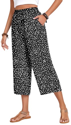 Image of Anyhold Women's Capri Pants Drawstring Casual Palazzo Trousers with Pockets Loose High Waisted Wide Leg Lounge Pants