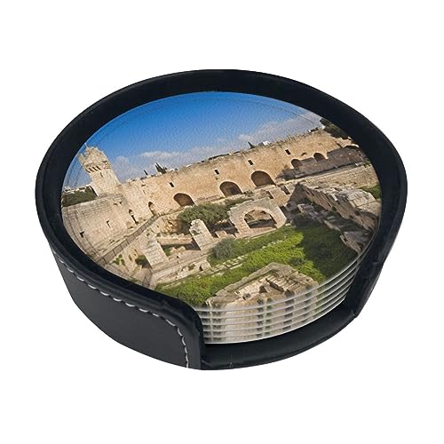 Lot de 6 sous-verres imprimés Israël à la tour de David résistants à la chaleur avec support pour voiture, pour salon, cuisine, bureau