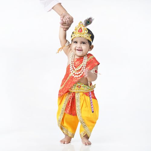 Image of ITSMYCOSTUME Krishna Dress for Baby Boy Kids Set of 10(Dhoti,Hip Cover,Patka,Mukut,Morpankh,Bansuri,Kamarband,Bajuband,Kundal) Little Krishna Ji Kanha Janmasthmi Costume