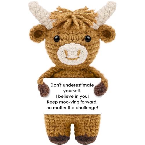 Image of Hoedia Emotional Handmade Highland Cow Crochet Figurines, Positive Crochet Animal & Self-Care Gifts for Women Men Inspirational Desk /Home Decor