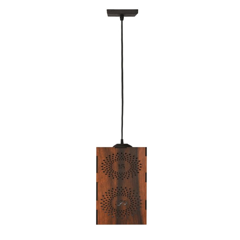 R.R Trading Company Swastik and Aum Symbol Wooden 10 Watts Overhead Carved Pendant Light Fixture, Brown, Rectangular Shape (GFBH_050)