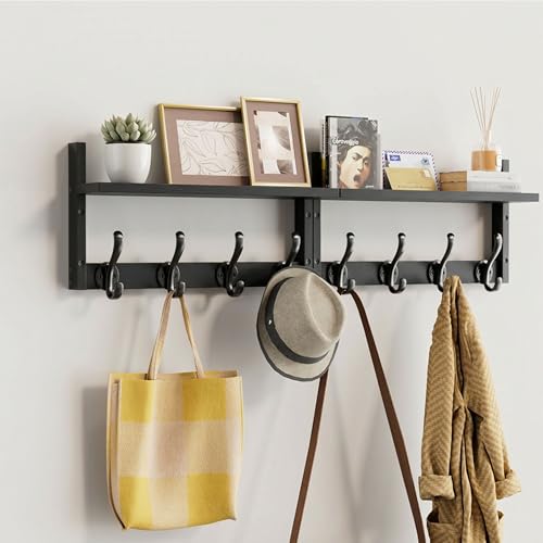 Image of 33 inch Coat Rack Wall Mount with Shelf, Entryway Wall Hooks with Shelf, Heavy Duty Coat Hanger Wall Mount for Living Room, Bedroom, Black