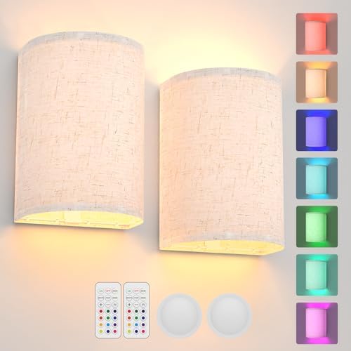 
AIBOO Kabellose Magnetische RGB Wandleuchten, Dimmbar mit Fernbedienung und Stoffschatten, 2er Set für Schlafzimmer Woh